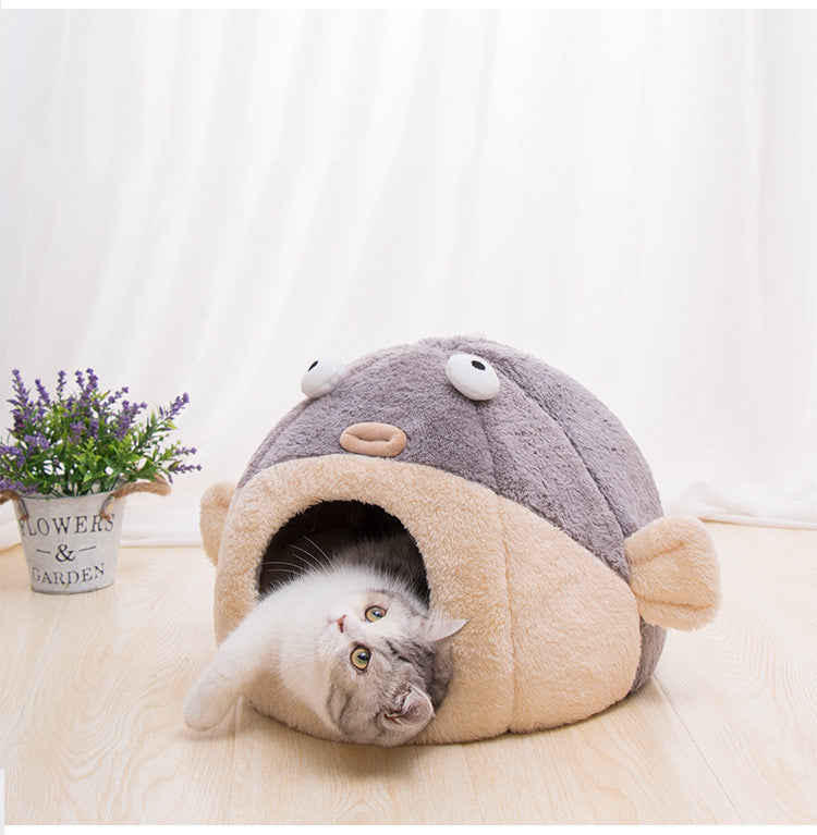 Cat Bed – Warm Velvet Pufferfish Cat House for All Seasons