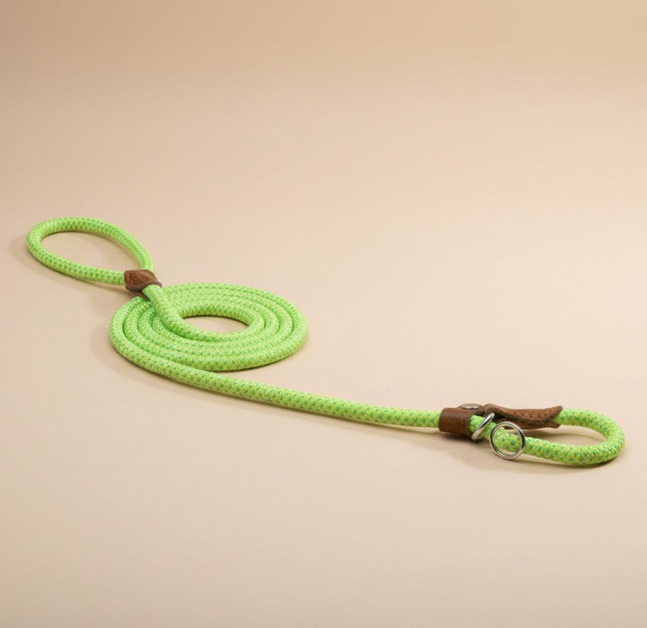 Nuzzle & Co neon green woven nylon dog leash with brown leather accents and secure metal hardware.