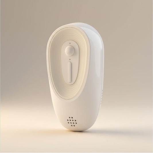 Nuzzle & Co rechargeable white litter box odor eliminator with a compact, modern, and quiet design.