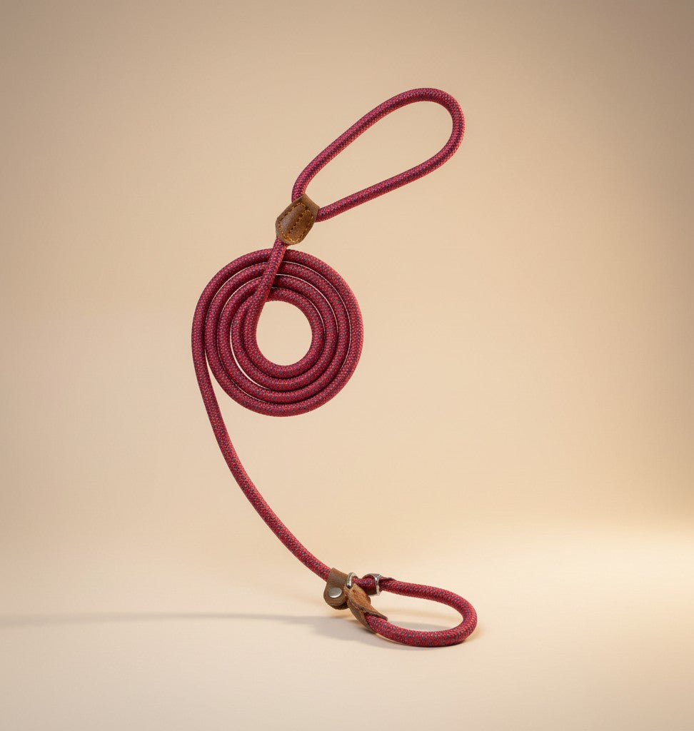 Nuzzle & Co red woven nylon dog leash and collar set with brown leather accents on a neutral background
