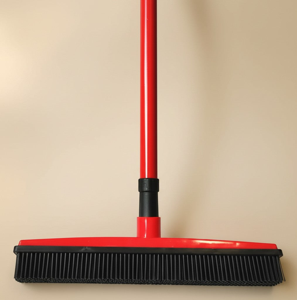Nuzzle & Co red silicone bristle broom for removing pet hair from carpets and hard floors.