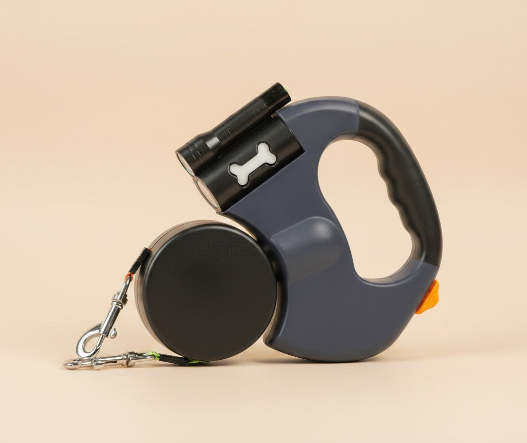 Nuzzle & Co retractable double dog leash in grey with built-in LED light and comfort grip handle