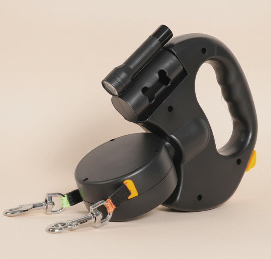 Nuzzle & Co black retractable double dog leash with built-in LED light and comfort grip handle for two dogs