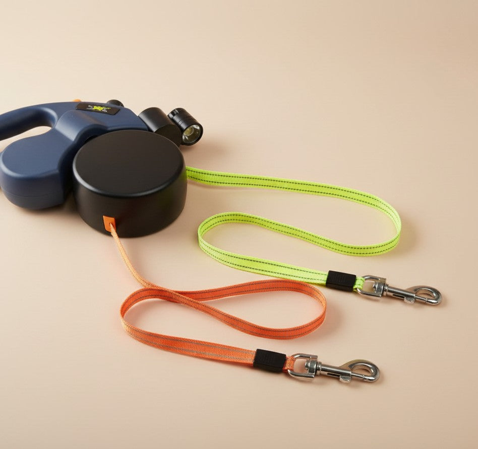 Nuzzle & Co retractable double dog leash with neon yellow and orange leads, built-in LED light, and comfort grip.