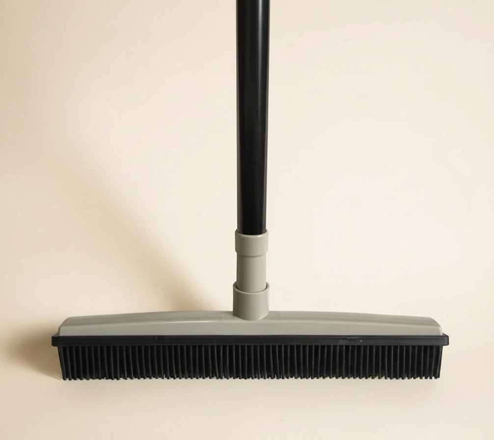 Nuzzle & Co silicone pet hair removal broom with black bristles and grey head for multi-surface floor cleaning.