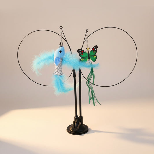 Nuzzle & Co suction cup cat toy with blue fish and butterfly teaser wands for interactive indoor play